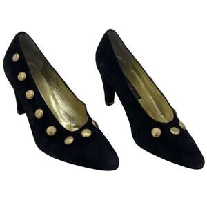Larry Stuart Black Suede Pumps Heels Gold Studded Women Size 6.5M Pre-owned